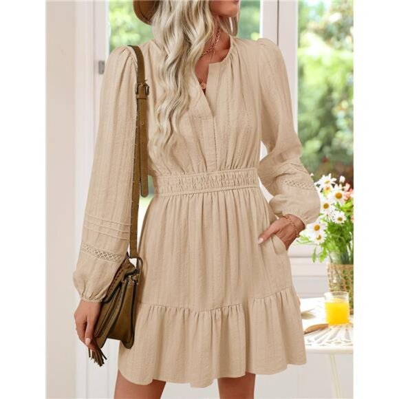 Mini Dress Lightweight V Neck A Line Flowy Swing Beige - Picture 6 of 7